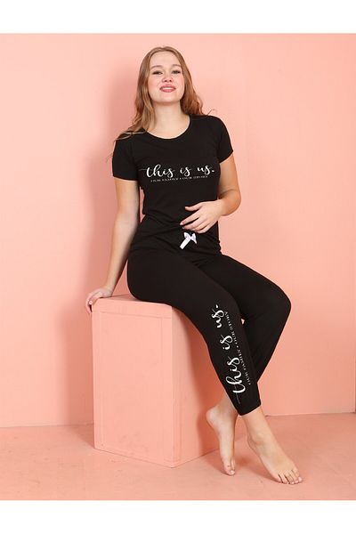 JENİKA Women's Short Sleeve Letter Printed Sports Pajama Set with Elastic Legs and Bow Detail