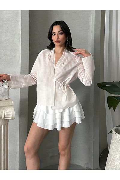 MD trend Γυναικεία μπλούζα με λαιμόκοψη V με κορδόνια