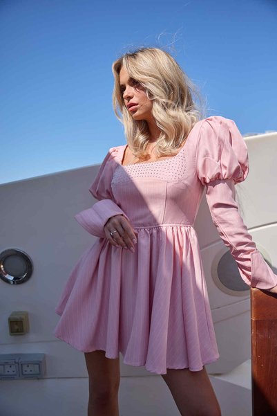 Aziza Collection Romantic Pink Mini Dress Puff Sleeve with Puff Sleeves -Aziza Collection