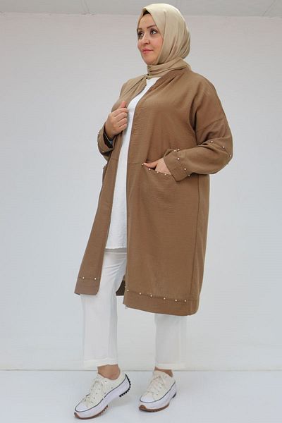 Eslina 53016 Large Size Sleeve Elastic Stone Printed Linen Tunic - Brown