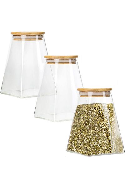 Quasar & Co. Set of 3 Food Storage Containers, Bamboo lid, Airtight jar, pyramidal, glass, 500 ml