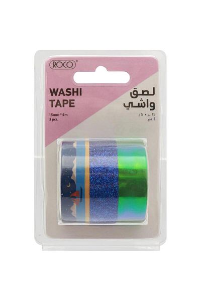 Roco Washi Tape – 3 Reel Glitter Laser Set, 15 mm x 5 m, Assorted Colors