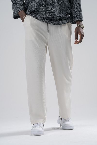 Superbluemexico Men's Elastic Waist Loose Ecru Baggy Trousers
