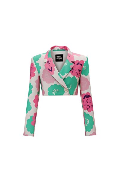 Sezgi Tekin سترة قصيرة من الكتان بنمط زهرة بتفاصيل زهرة بزر واحد