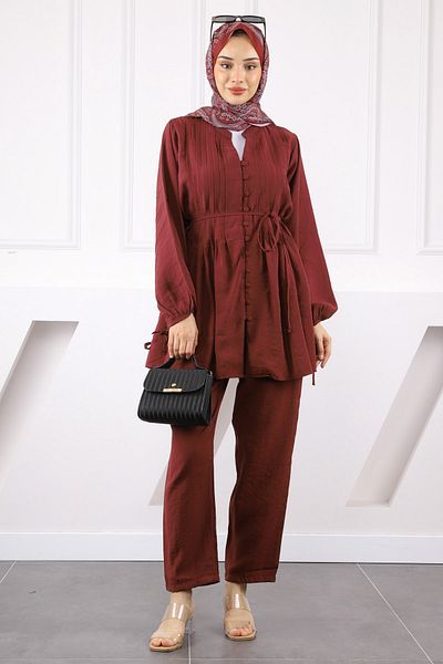 İmajButik Σετ παντελόνι με ραβδώσεις μπορντό