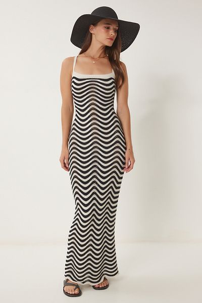 Lovelyİstanbul Strappy Back Low-Cut Summer Knitwear Dress Cream Black Ler0010