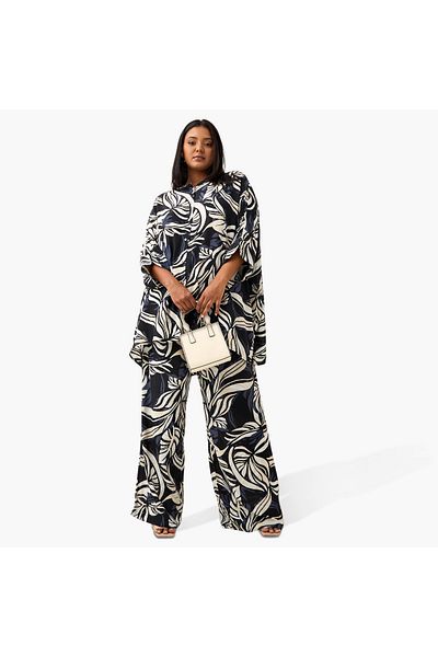 Ulla Popken Plus Size Ulla Popken Leaf Print Wide Leg Pants