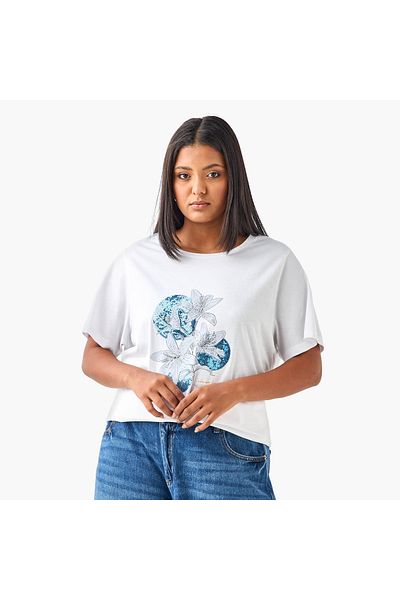 Ulla Popken Plus Size Ulla Popken Embellished Floral Print T-shirt