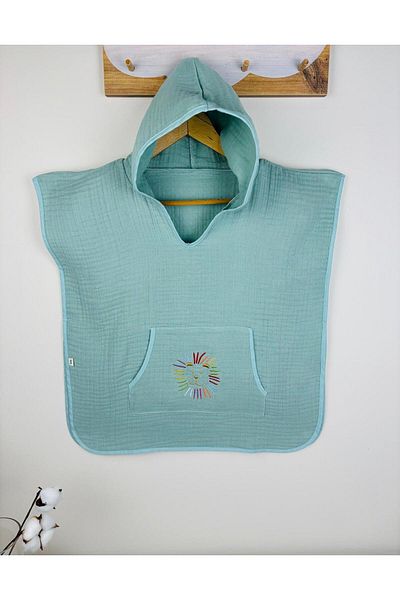 NOİSY TEKSTİL 100% Cotton 4 Layer Muslin Embroidered Hooded Poncho Beach Pool 1-5 Years Old Children Baby Poncho