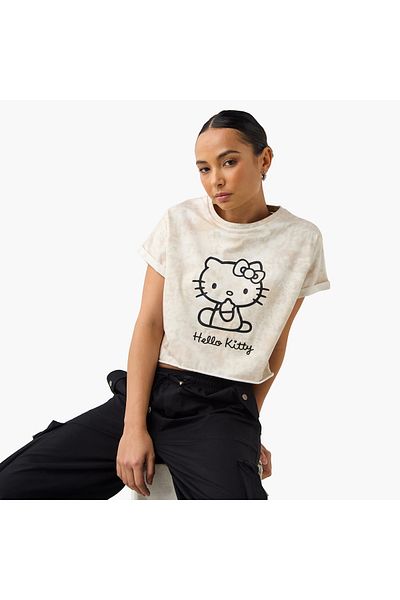 SP Characters Hello Kitty Print Crop T-shirt with Extended Sleeves