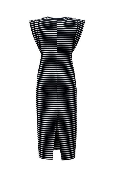 Sezgi Tekin T Sleeve Slit Detail Textured Black Striped Dress
