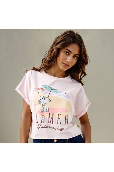 SP Characters Peanuts Print Crew Neck T-shirt with Short Sleeves