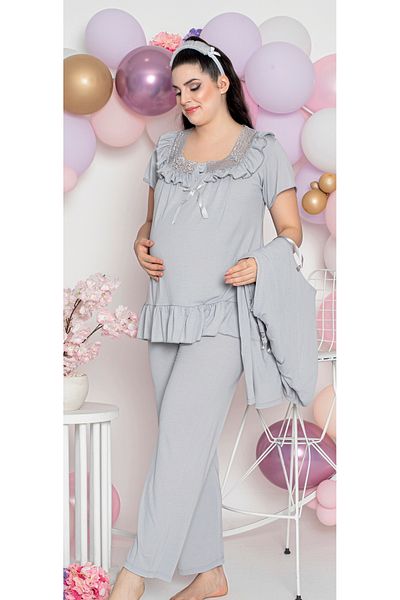 JENİKA Maternity Long-Sleeved Collar Openable Button Lace and Ruffle Detailed 3-Piece Pajama Set