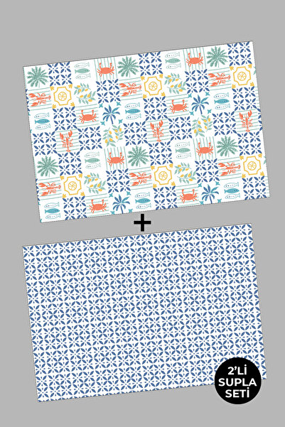 EsnafAli Mavi Beyaz Geometrik Marin Desenli 2'li Supla Amerikan Servisi Seti