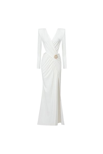 Aziza Collection White Long Sleeve Cut-Out Evening Dress with High Slit