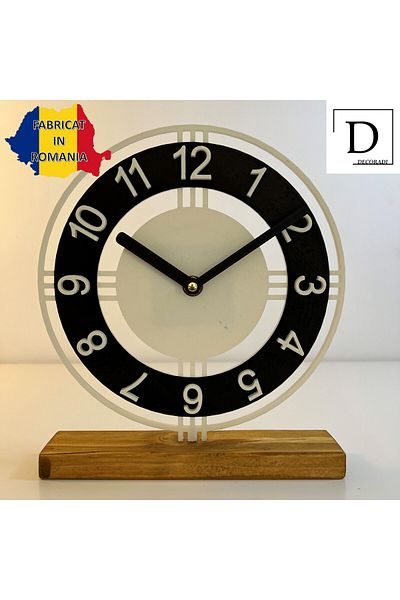 OEM Decorative clock "Harmonious Contrasts" with natural wood base, 22.5 cm, black/white, 3D printed