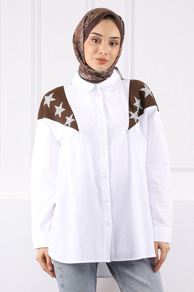 İmajButik Καφέ γαρνιρισμένο πέτρινο πουκάμισο με λεπτομέρειες