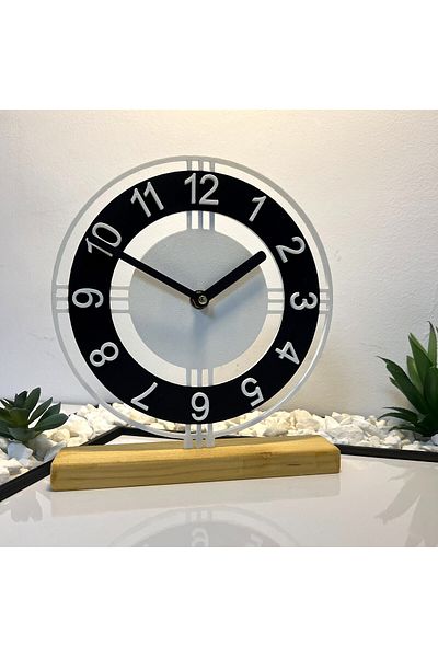 OEM Decorative clock "Harmonious Contrasts" with natural wood base, 22.5 cm, black/white, 3D printed