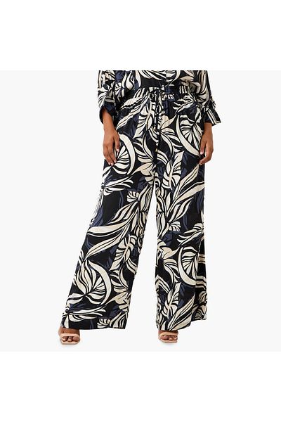 Ulla Popken Plus Size Ulla Popken Leaf Print Wide Leg Pants