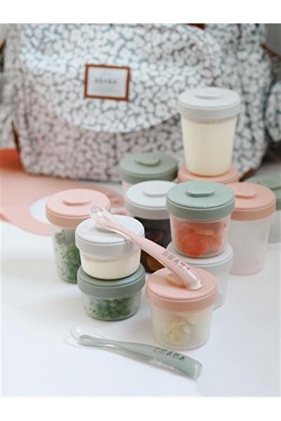 Beaba طقم مكون من 12 حاوية تخزين وملعقة سيليكون (عمر سنة واحدة) بأغطية وردية ...