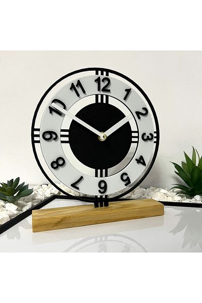 OEM Decorative clock "Echoes of Time" with natural wooden base, 22.5 cm, black/white, 3D printed