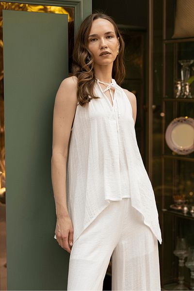 My Blog White Viscose Blouse Wide Leg Pants Set - 51182