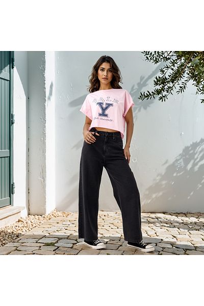 SP Characters Varsity Print Cropped T-shirt with Extended Sleeves