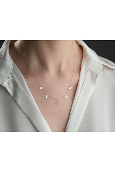 Minimal Kolye Altın Ay Yıldız Güneş Galaxy Kolye