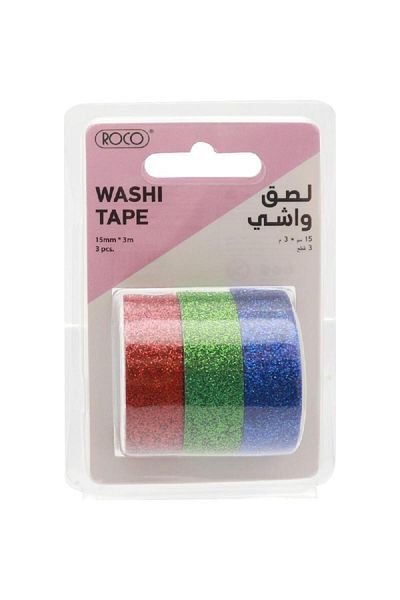 Roco Washi Tape – 3 Reel Glitter Set, 15 mm x 3 m, Assorted Colors
