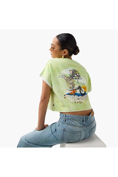 SP Characters Tom and Jerry Print Crop T-shirt with Extended Sleeves