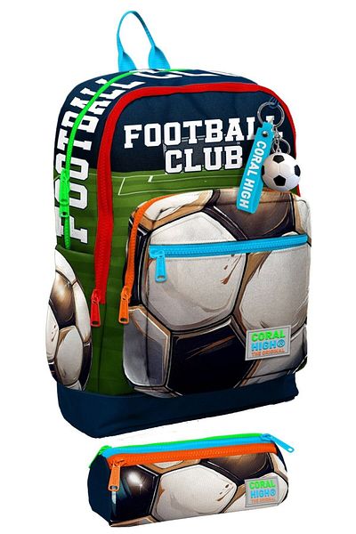 Coral High Set rucsac cu patru compartimente și suport pentru stilou pentru băieți de școală primară - Fotbal albastru-marin verde