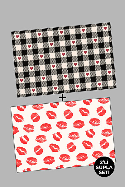 EsnafAli Kırmızı Siyah Öpücük Kare Desenli 2'li Supla Amerikan Servisi Seti
