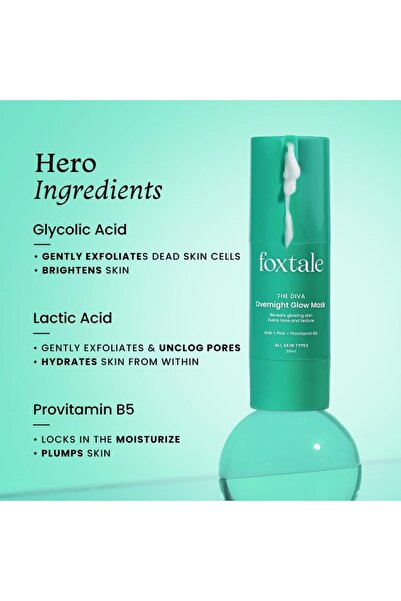 Foxtale 2% Glycolic + 2% Lactic Acid Overnight Glow Mask With AHA, PHA & Provitamin B5, 30 ml