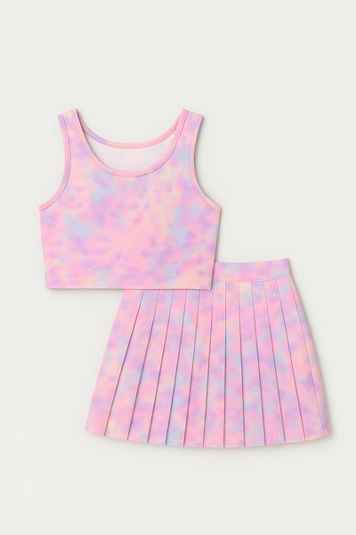 Magu Girl's Cotton Cloud Patterned Pleated Skirt Crop Suit