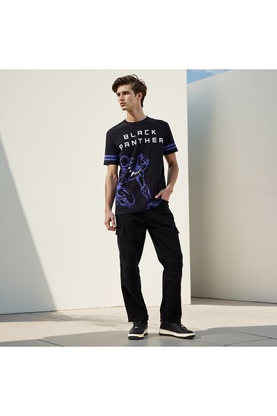 FAV Black Panther Print T-shirt with Crew Neck and Short Sleeves