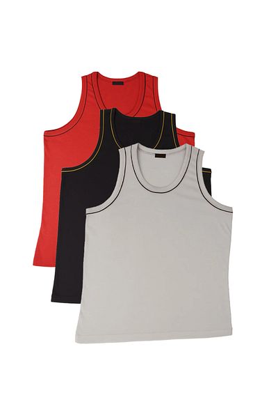 FATELLA Men's Zero Sleeve Thick Strap Cycling 3-Piece Gray Red Black Comfortable Summer Set Combed Cotton T-Shirt Undershirt