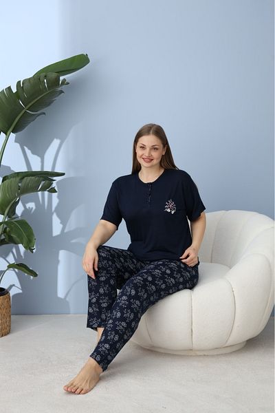 makkash Women's Summer Short Sleeve Bottom Long Bamboo Fabric Large Size Battal Oversize Navy Blue Pajamas Set