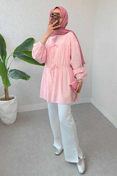 Salih Çelebi Front Gathered Long Tunic 2338 - Pink