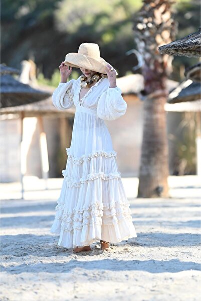 Şaman Butik Ekru Volanlı V Yaka Balon Kol Elbise