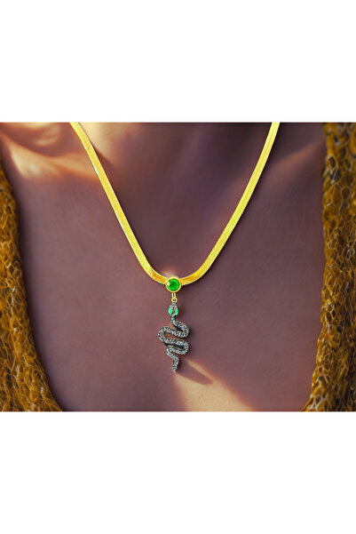 FERİHA DESING Yılan Figürlü Taşlı Kolye | Gold Zincirli | Göz Alıcı Tasarım