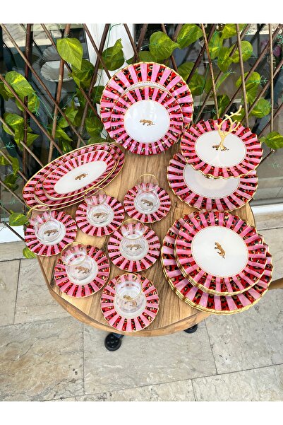 GÜRCÜGLASS Pembe leopar 28 prç kahvaltı seti