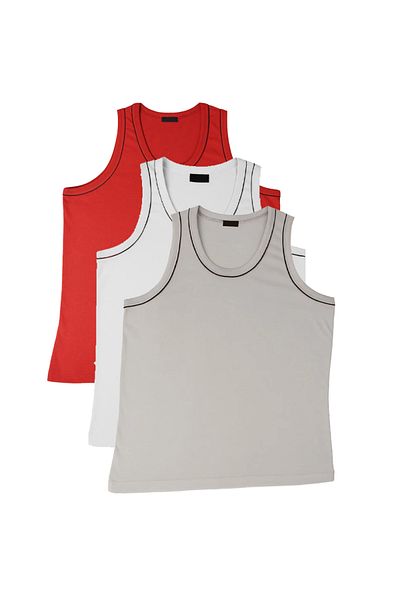 FATELLA Men's Zero Sleeve Thick Strap Cycling 3-Piece White Red Gray Comfortable Summer Set Combed Cotton T-Shirt Undershirt