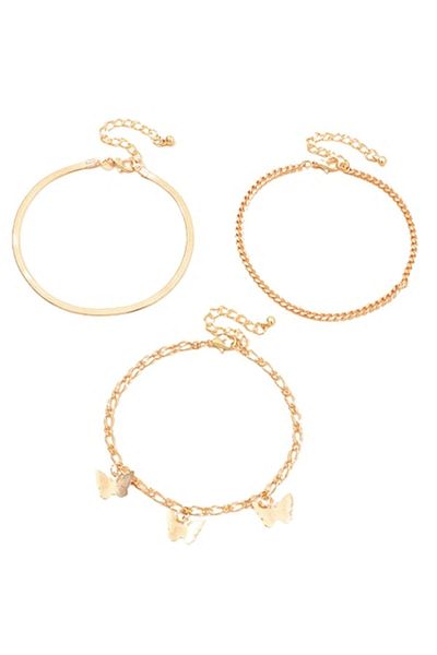 Tessero Set de trei brățări pentru gleznă, model fluture, placate cu aur de 18K, 21,5 cm+6 cm, aurii