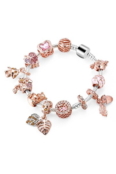 Tessero Bratara de dama cu charmuri rose gold, pietre zirconiu, placata cu argint, marime 18 cm, argintiu