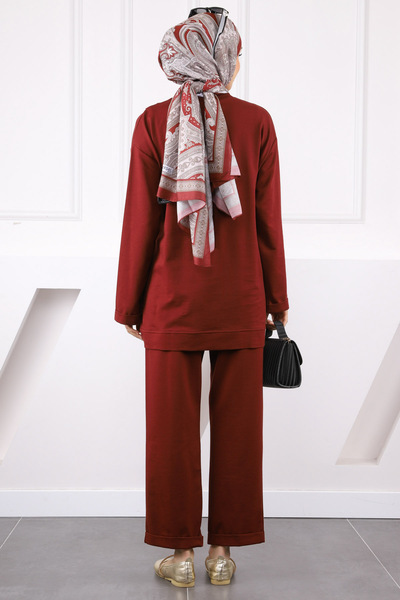 İmajButik Burgundy Asymmetrical Detailed Tunic Pants Suit