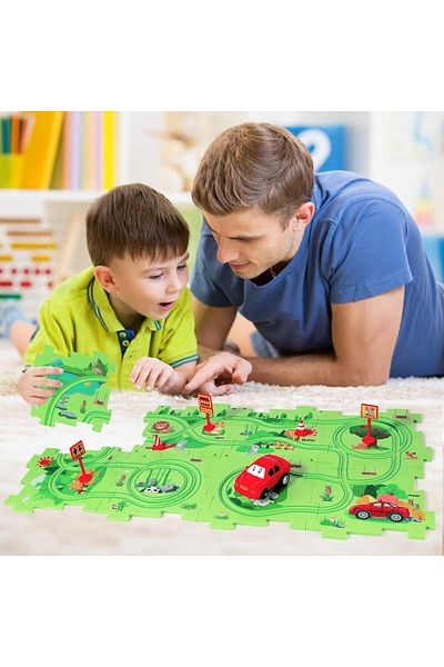 Pitikot Set 15 piese cu masinuta Pitikot®, traseu puzzle racer, jucarie interactiva cu desene animalute