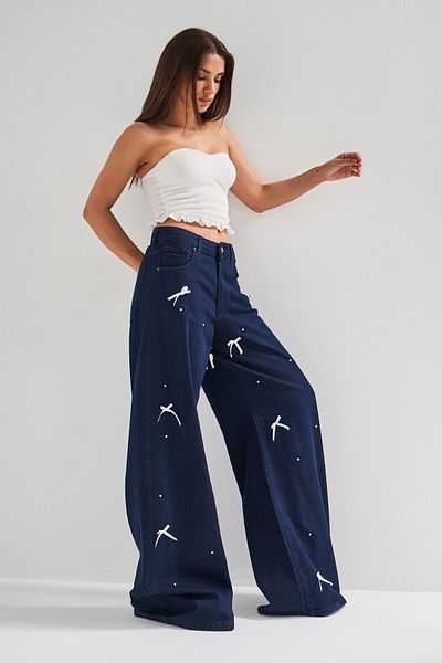 its basic Blugi de damă Indigo Color 7s5-50 Palazzo Fit Stone Bow Detaliat 100% bumbac Design Denim