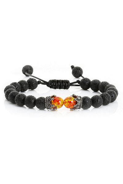 Tessero Brățară reglabilă din piatră vulcanică, model coroană și flacără, neagră, unisex, Tessero