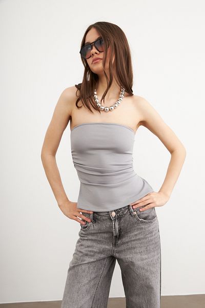 Ladima Women's Gray Strapless Modal Soft Textured Blouse with Side Slits