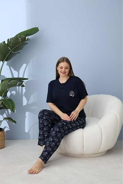 makkash Women's Summer Short Sleeve Bottom Long Bamboo Fabric Large Size Battal Oversize Navy Blue Pajamas Set